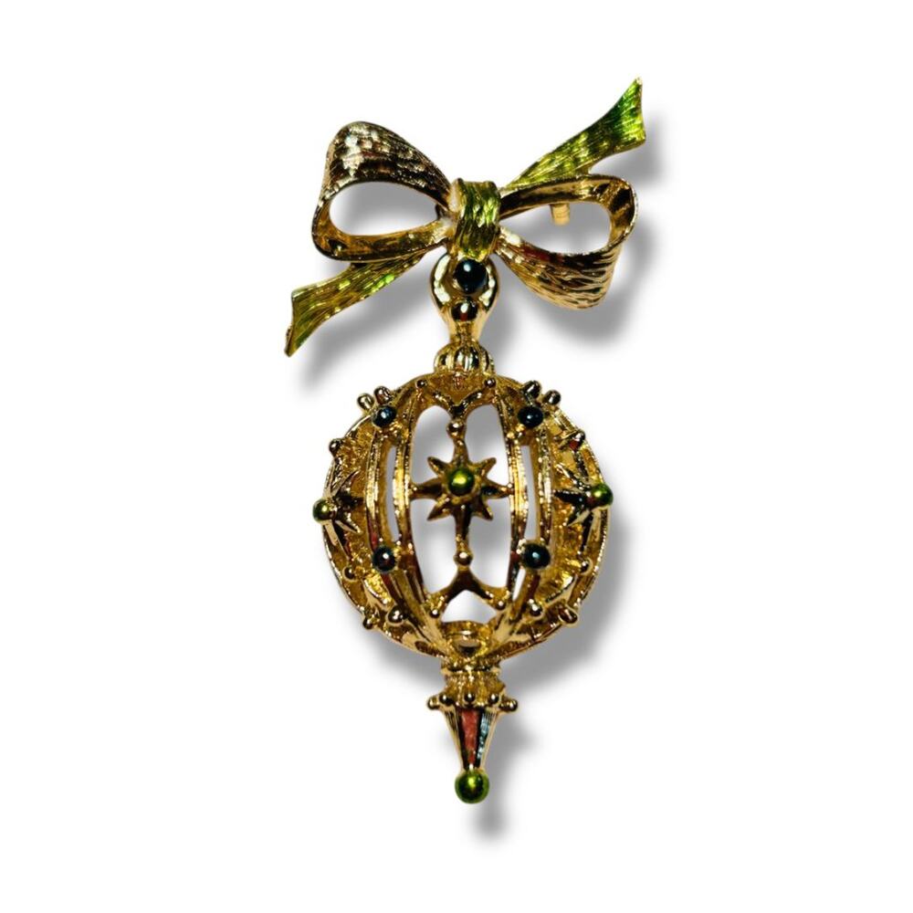Vintage Goldtone Ornament Ball Brooch Pin 2.25" Green Blue